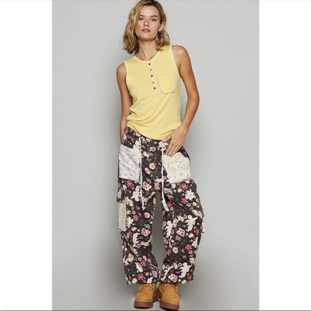 POL Floral Patchwork Drawstring Jogger Pants - Black Base with Pastel Patches